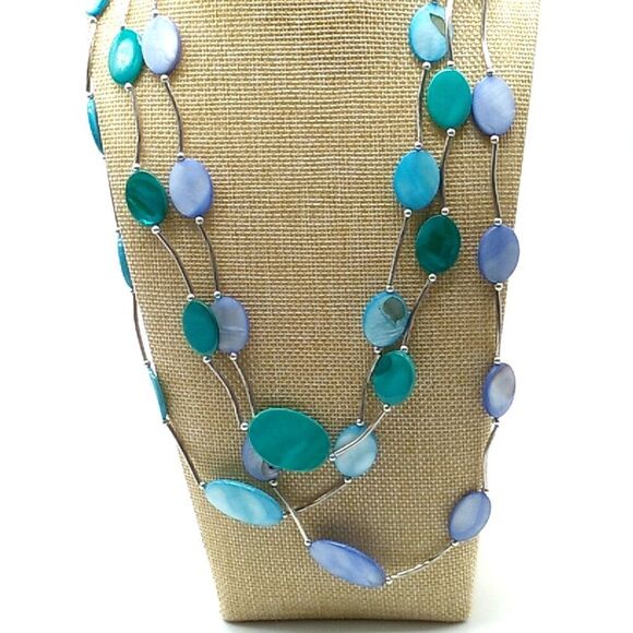 Triple Strand Shell Disc Necklace Turquoise Blue Silver-tone Tube Spacers - Picture 9 of 13